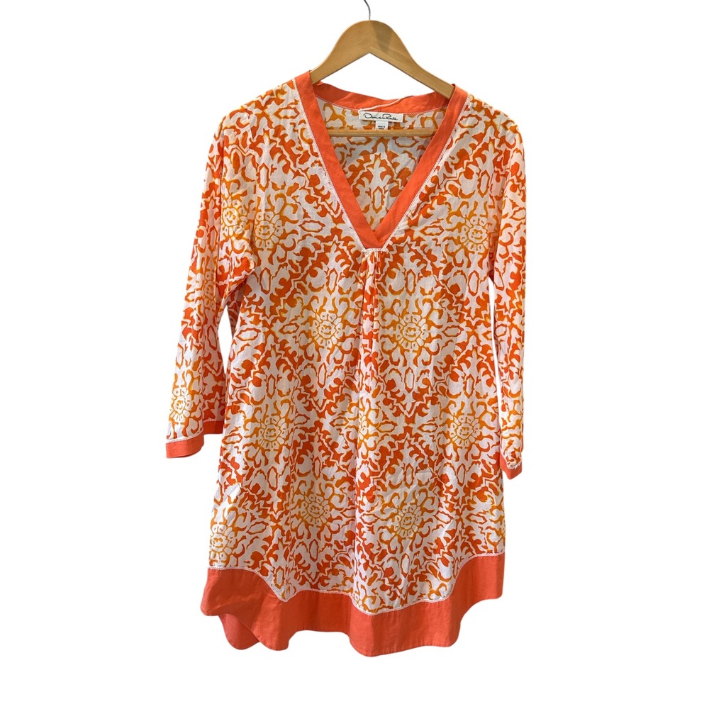 Oscar de la Renta Orange Floral Tunic Top Cover Up V Neck 3/4 Sleeve Sz S Luxury